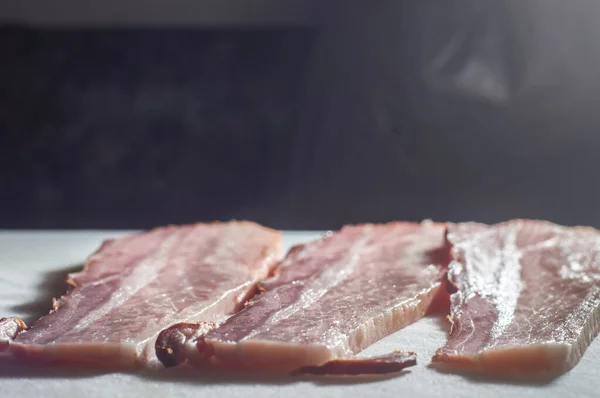 Bacon Sciled Sendo Frito Uma Frigideira Foco Seletivo — Fotografia de Stock