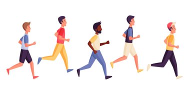 Koşan adamlar. Koşucular, sporcular, hareket halindeki sporcular. Erkek koşucu yarışı, spor eğitimi, maraton ve egzersiz. İzole elementler. Düz biçimli vektör illüstrasyonu.