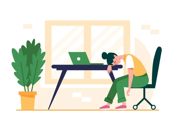 Masada oturan bitkin bir kadın. Profesyonel tükenme konsepti çizimi. Hüsrana uğramış, yorgun kadın ofis çalışanı, teslim tarihi, akıl sağlığı sorunu. Düz vektör illüstrasyonu.