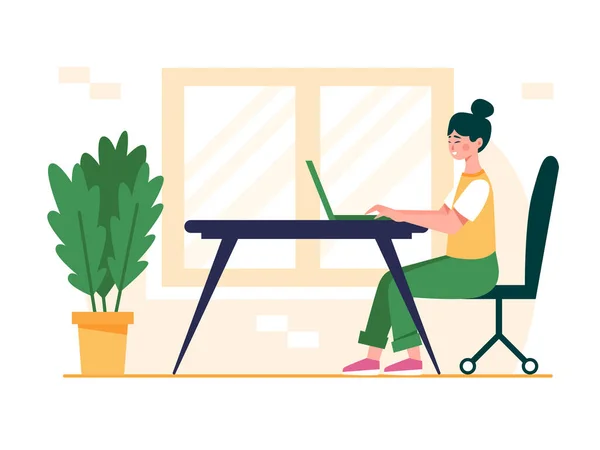 働く女性のコンセプトデザイン 机に座ってノートパソコンで作業している女の子 平面ベクトル図 — ストックベクタ