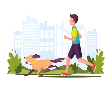 Adam parkta köpekle koşuyor ya da yürüyor. Spor hayvanla koşar. Şehir koşucuları kavramı. Çizgi film düz stiliyle vektör illüstrasyonu.
