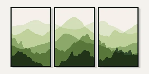 Set Paesaggi Astratti Collezione Arti Murali Con Montagne Tavolozza Verde — Vettoriale Stock
