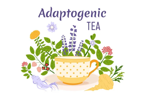 アダプトゲン茶の概念 アーユルヴェーダのハーブとカップのセット 平面ベクトル図 — ストックベクタ