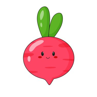 Tatlı turp kawaii karakteri. Düz çizgi film illüstrasyonu, simge, logo, beyaz arkaplanda izole edilmiş çıkartma.