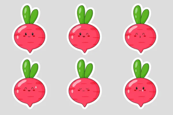 Zestaw Naklejek Cute Rzodkiewki Kreskówki Radish Emoji Różnymi Emocjami Ilustracje — Wektor stockowy