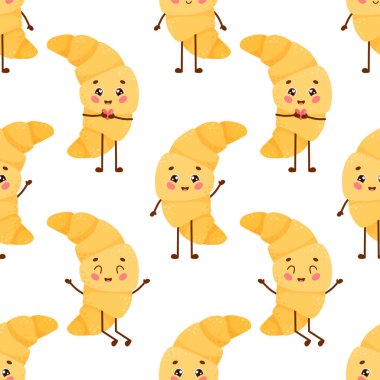 Tatlı kruvasanın kusursuz deseni. Farklı ayçöreği duyguları olan fırında parmak izi. Düz vektör illüstrasyonu.