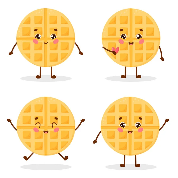 Set Cute Cartoon Character Waffle Different Emotions Vector Illustration Isolated — Stock Vector