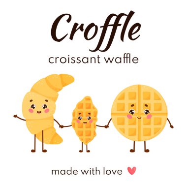 Croffle ailesi konsepti. Kruvasan, waffle ve el ele tutuşarak yazılar. Düz vektör beyaz arkaplanda izole edildi.