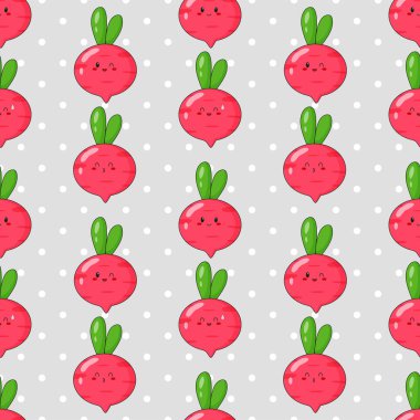 Tatlı kawaii turpunun kusursuz deseni. Farklı turp duyguları olan sebze baskısı. Düz vektör illüstrasyonu.