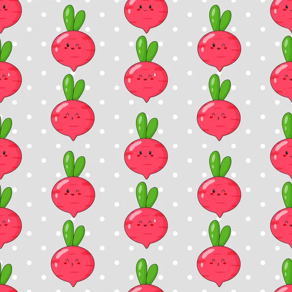 Tatlı kawaii turpunun kusursuz deseni. Farklı turp duyguları olan sebze baskısı. Düz vektör illüstrasyonu.