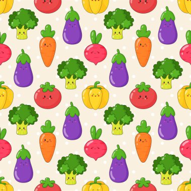 Şirin kawaii sebzelerinin kusursuz deseni. Çizgi film sebze emojisinin arka planı. Düz vektör illüstrasyonu.
