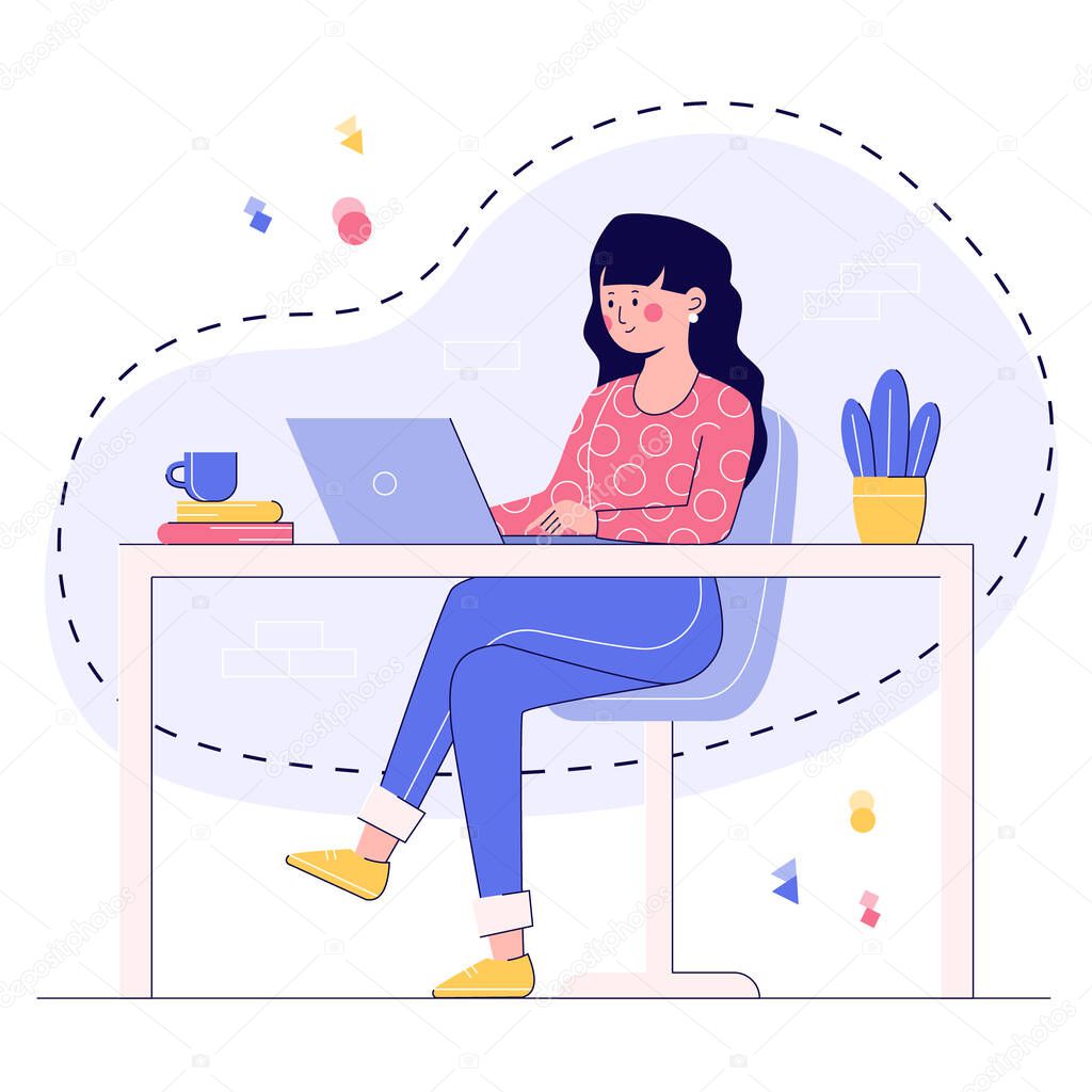 Workplace concept. Woman sitting on a chair and working with a laptop at the table. Modern illustration in flat style with outline.