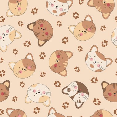 Kawaii tarzında hatları olan kusursuz kedi kafaları. Çizgi film kedisi ve ayak izi. Kahverengi renk paletinde düz vektör.