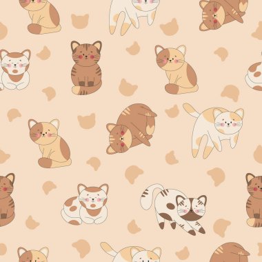 Kawaii tarzında hatları olan kusursuz sevimli kedi deseni. Çizgi film kedisi farklı pozlarda. Kahverengi renk paletinde düz vektör.