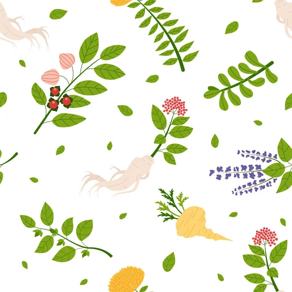 Ayurveda bitkilerinin kusursuz deseni. Beyaz arkaplandaki bitkinin sonsuz dokusu. Düz vektör illüstrasyonu.
