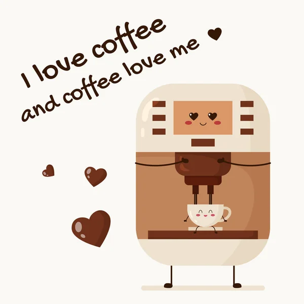 Kahve aşığı kavramı. Sevimli kahve makinesinin baskısı, kupa karakterleri ve metin. Çizgi film tarzında düz vektör illüstrasyonu.