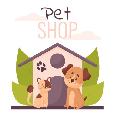 Evcil hayvan dükkanı konsepti. Köpek ve kedi evi. Çizgi film tarzında düz illüstrasyon.