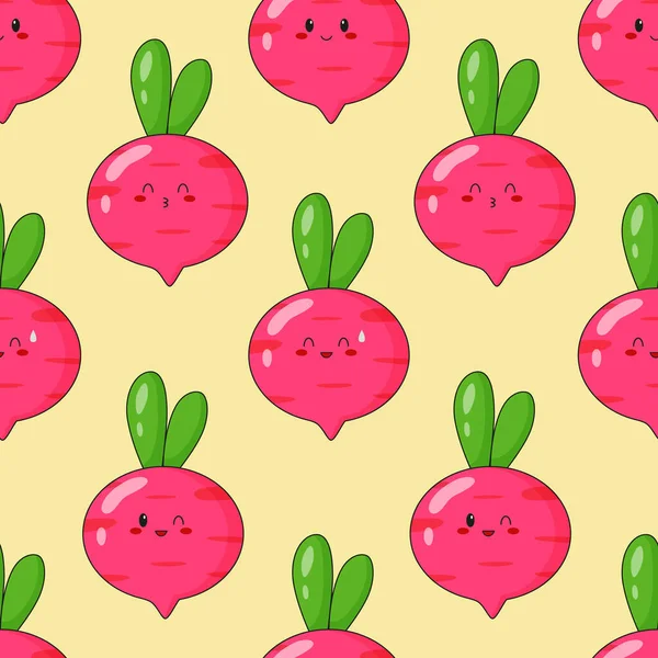 Padrão Sem Costura Rabanete Kawaii Bonito Impressão Vegetal Com Diferentes — Vetor de Stock