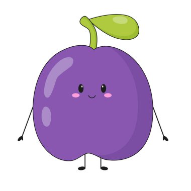 Beyaz arka planda gülümseyen sevimli erik karakteri. Mutlu kawaii erikleri. Düz vektör illüstrasyonu.