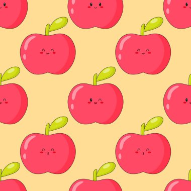 Şirin kawaii elmasının kusursuz deseni. Elmanın farklı duygularıyla meyve izi. Düz vektör illüstrasyonu.