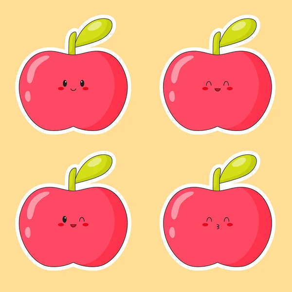 Ensemble Autocollants Pomme Rouge Kawaii Mignon Emoji Avec Des Émotions — Image vectorielle