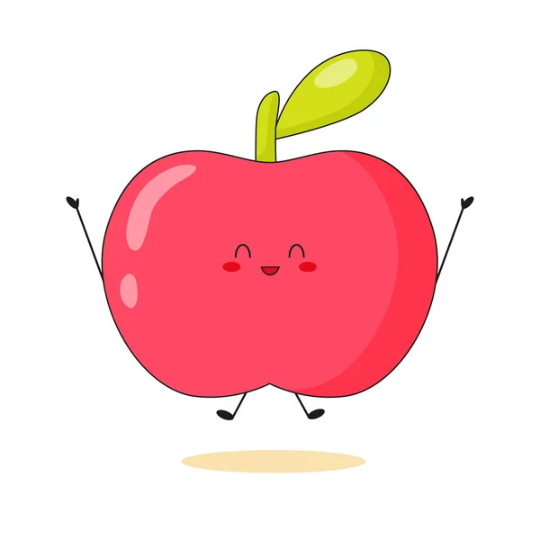 Lindo Personaje Manzana Roja Saltando Sobre Fondo Blanco Feliz Manzana — Vector de stock