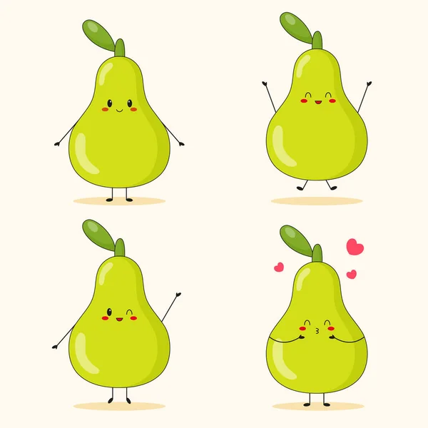 Farklı pozlarda şirin yeşil armut karakterleri koleksiyonu. Beyaz arka planda çizgi film karakteri. Düz vektör illüstrasyonu.