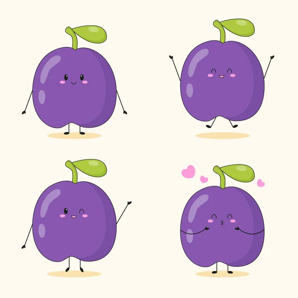 Coleção Personagens Ameixa Bonitos Pose Diferente Desenhos Animados Personagem Frutas —  Vetores de Stock