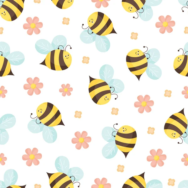 Απρόσκοπτη Μοτίβο Ιπτάμενες Μέλισσες Και Λουλούδια Λευκό Φόντο Εικονογράφηση Για — Διανυσματικό Αρχείο