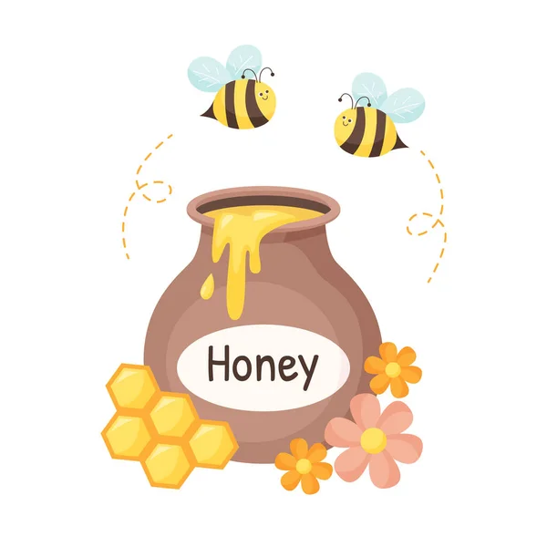 Mézescserép Méhekkel Virágokkal Méhsejt Fésűvel Elszigetelt Illusztráció Mézcímkéhez Termékekhez Csomagoláshoz — Stock Vector