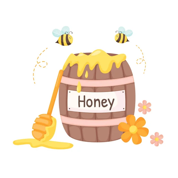 蜂蜜木桶与蜜蜂 和斗牛士 蜂蜜标签 包装设计的分离图解 平面矢量风格 — 图库矢量图片