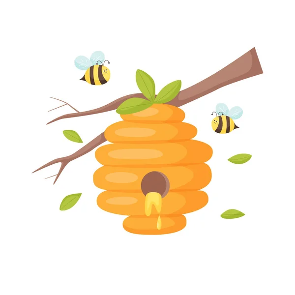 Honey Hive Bees Hanging Branch Isolated Illustration Honey Label Products — Stock Vector