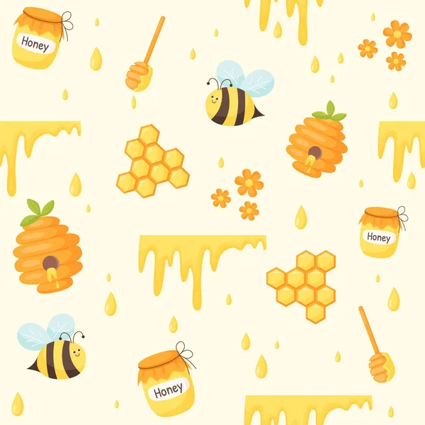 Sarı arka planda bal ve bal içerikli kusursuz desenler. Düz vektör biçiminde şirin karikatür çizimi.