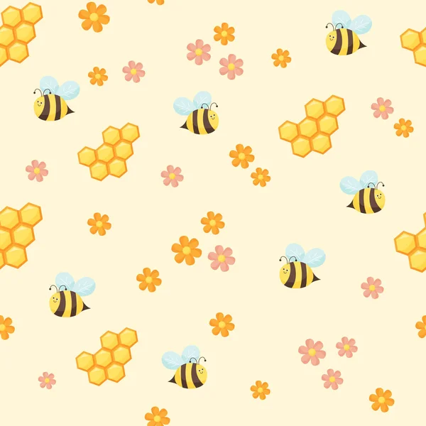 Seamless Pattern Bees Honeycomb Flowers Yellow Background Cute Cartoon Illustration — Stock Vector