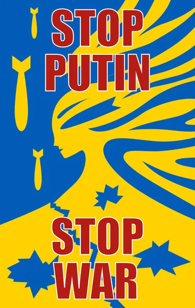 Putin 'i durdurun, Ukrayna' daki savaşı durdurun. Ukrayna 'yı metinle desteklediğin için afiş. Vektör illüstrasyonu.