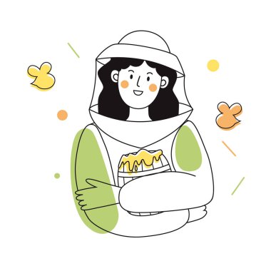 Arı koruyucu kıyafetli, bal fıçılı bir kadın karakter. Renkli aksanlı özet çizimi.