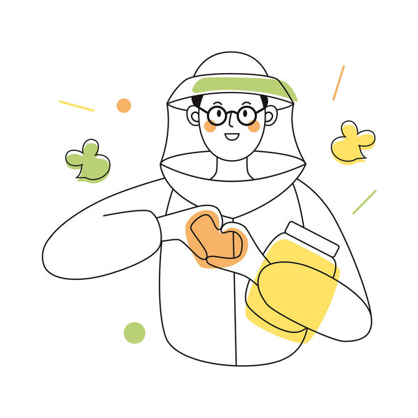 Мужской персонаж пчеловода в защитном костюме с банкой меда. Контурная иллюстрация с яркими акцентами.