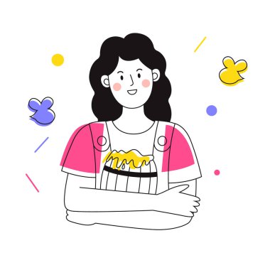 Elinde bal fıçısı olan bir kadın karakter. Renkli aksanlı tasvir. Vektör illüstrasyonu.