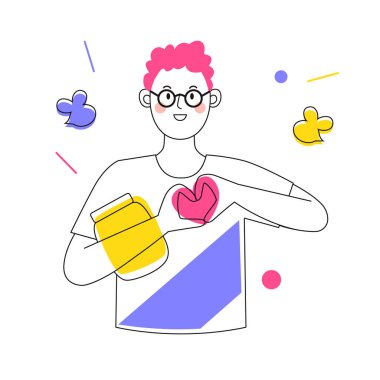 Elinde bal kavanozu olan erkek karakter. Renkli aksanlı tasvir. Vektör illüstrasyonu.