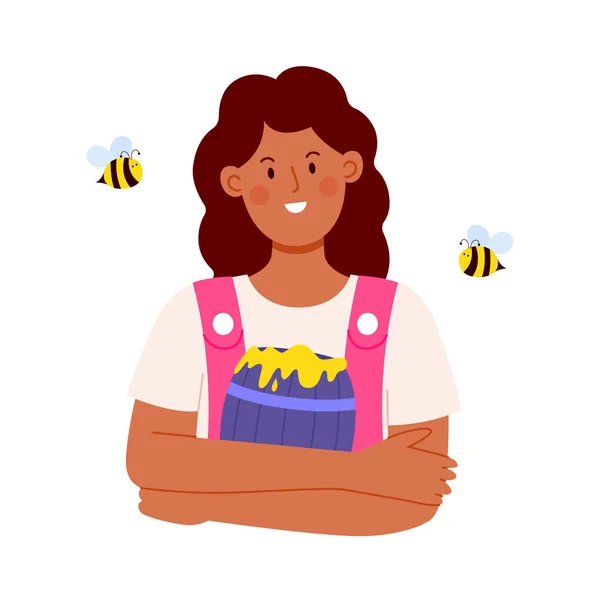 蜂蜜の樽を持つ女性のキャラクター 白い背景に隔離されたフラットベクトルイラスト — ストックベクタ