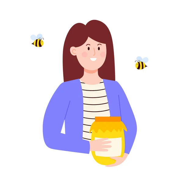 蜂蜜の瓶を持つ女性の文字 白い背景に隔離されたフラットベクトルイラスト — ストックベクタ