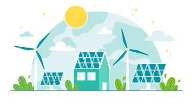 Yenilenebilir, sürdürülebilir ve enerji kaynağı. Rüzgar değirmenleri, güneş panelleri ve istasyon. Yeşil enerji ve ekoloji kavramı. Düz vektör illüstrasyonu.