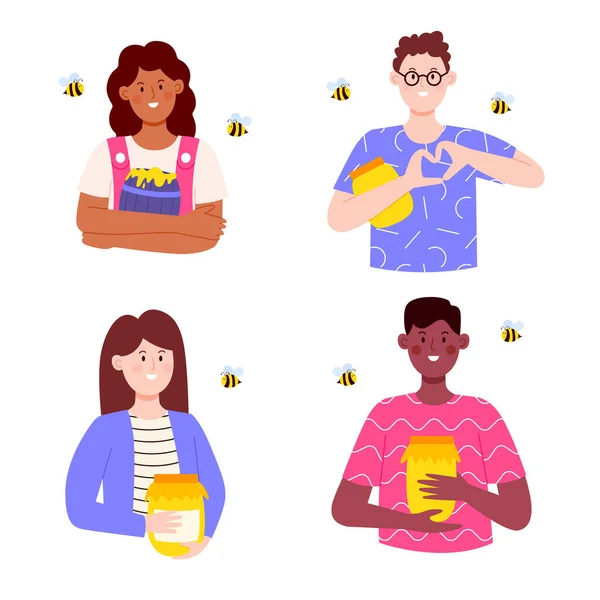 Set People Jar Honey Male Female Characters Flat Vector Illustration — Wektor stockowy