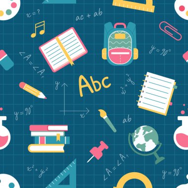 Vector seamless pattern of school supplies on the blackboard. Back to school colorful flat elements.