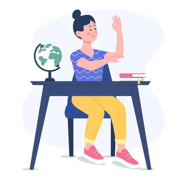 Girl raising hand at a desk. Smiling girl studies at school. Flat vector illustration.