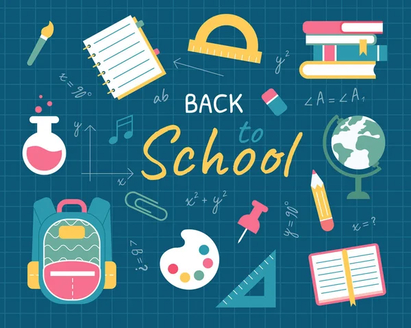 Set of school supplies and stuff. Back to school concept with text. Flat vector illustration.