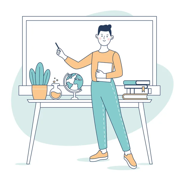 Male teacher by the blackboard in a classroom. A smiling man professor is teaching. Line art. Vector illustration.