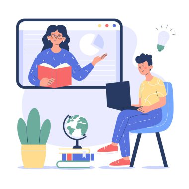 The concept of distance or online education. The teacher is giving a lecture on the screen and the student is learning using the laptop.