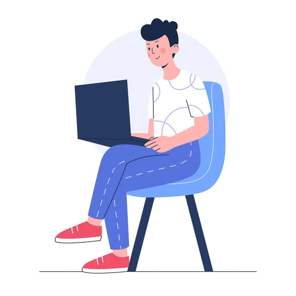 Man Laptop Sits Chair Concept Working Learning Flat Vector Illustration — Vector de stock