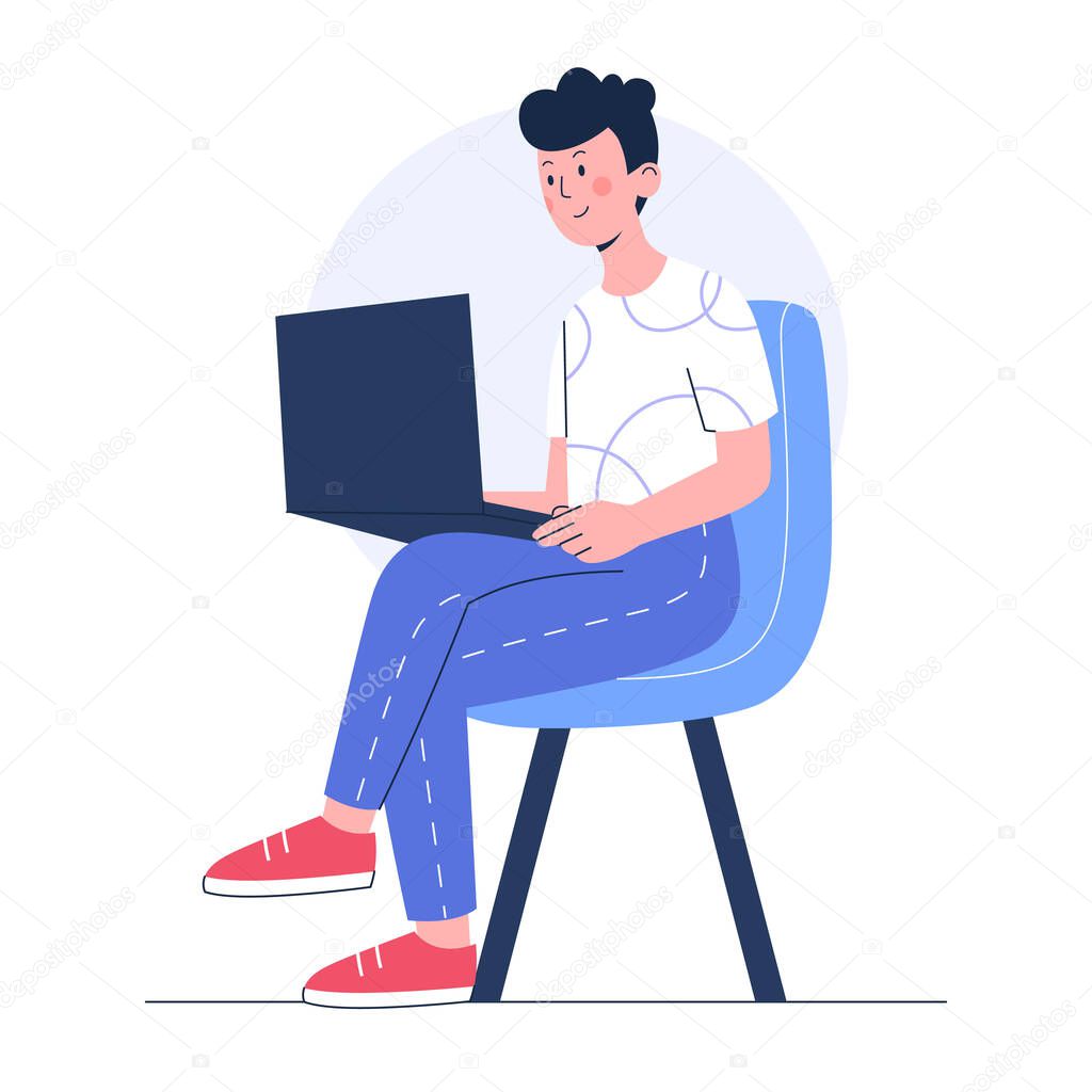 Man with laptop sits on chair. Concept of working, learning. Flat vector illustration.